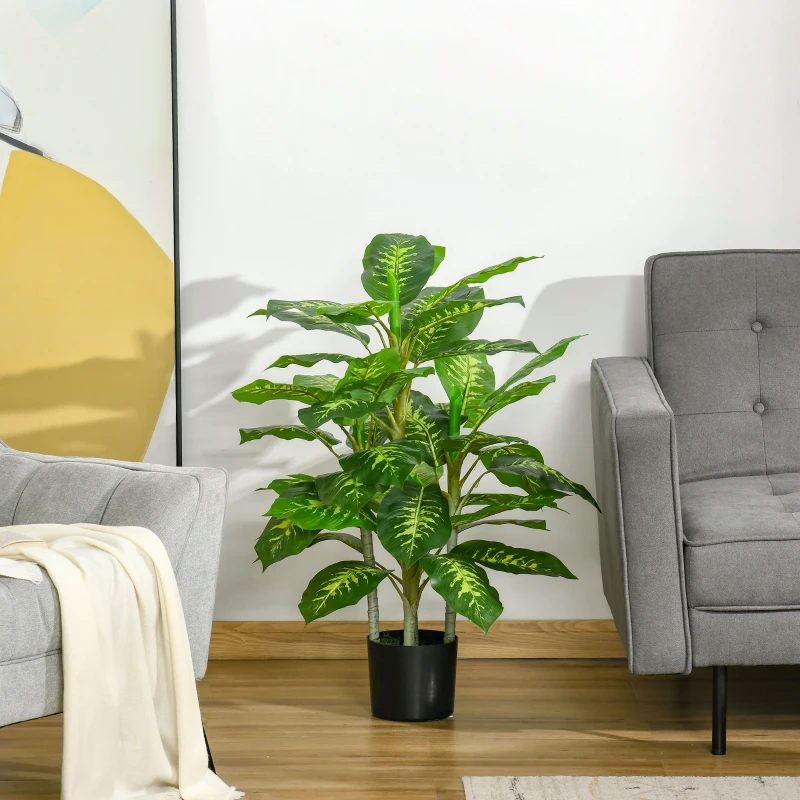 HOMCOM Plante artificielle calathea hauteur 95 cm pot ciment - intérieur