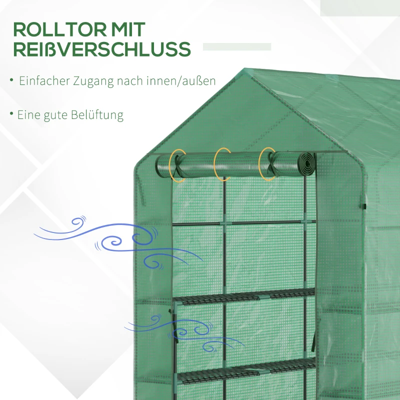 Outsunny Foliengewächshaus Gewächshaus Treibhaus mit Blumenregal Frühbeet Tomatenhaus Pflanzenhaus für Garten, aus Stahlrohl und PE-Gewebe, Grün, 214 x 143 x 195 cm