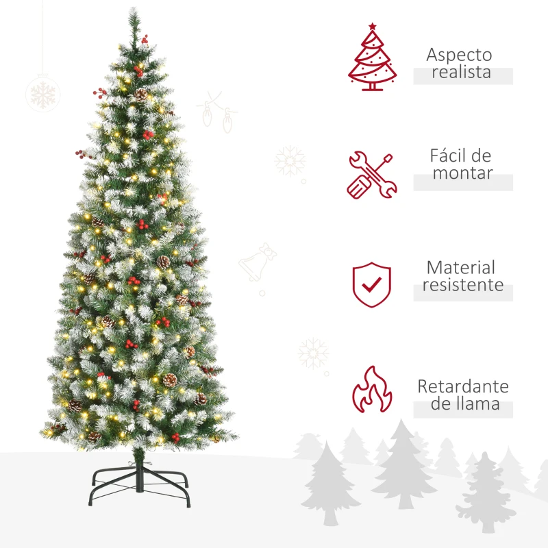 HOMCOM Árbol de Navidad Nevado Artificial 180 cm Árbol de Navidad con 300 Luces LED Blanco Cálido 618 Ramas Ignífugas de Plástico Decoraciones Incluidas y Base Plegable Ø65x180 cm Verde