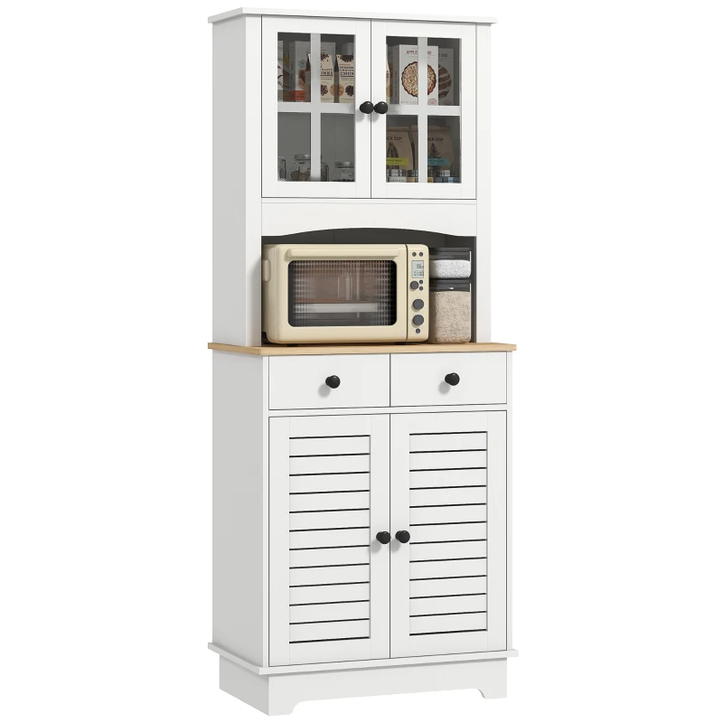 HOMCOM Küchenschrank mit Glastüren, 2 Schubladen, Geschirrschrank, Esszimmerschrank, Holz, 68 x 39,5 x 170 cm, Weiß(m-10)