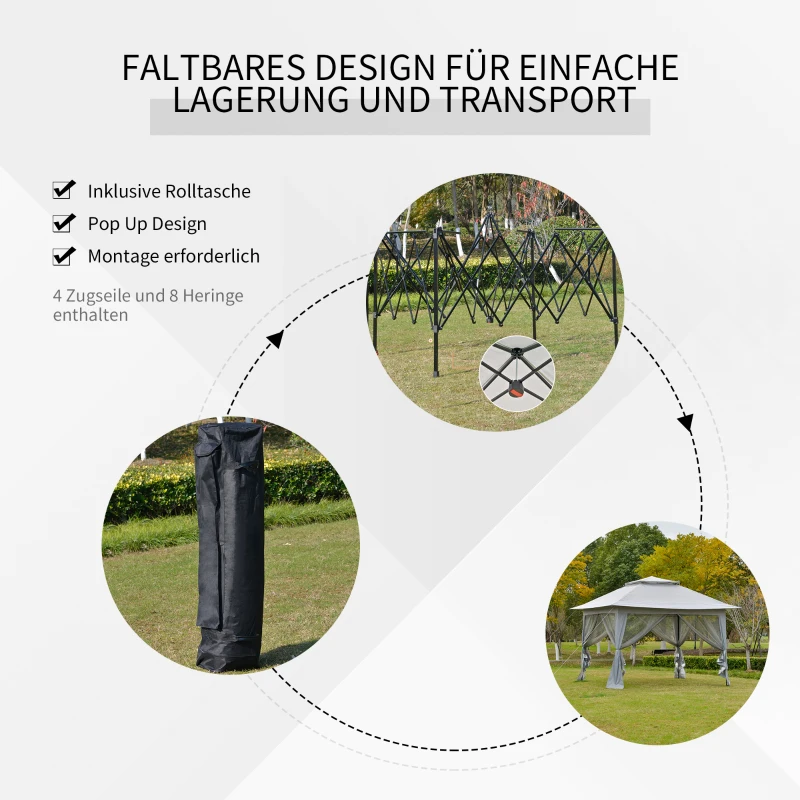 Outsunny Faltpavillon Pop-Up-Zelt Gartenpavillon inkl. Rollentasche Stahl+Oxford+Mesh Grau 3,64x3,64x2,94m