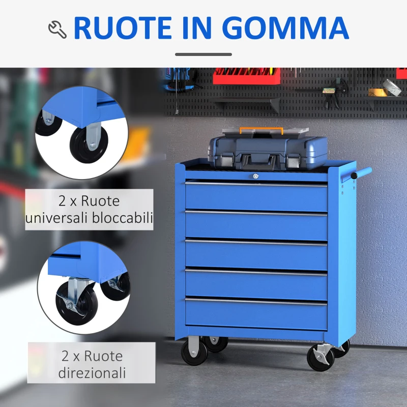 HOMCOM Carrello da Officina a 5 Cassetti con Ruote in Metallo Blu, 67.5x 33 x 77cm