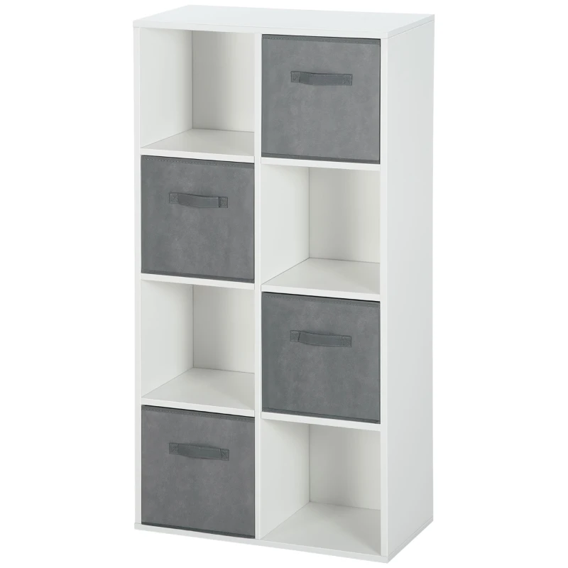 HOMCOM Estantería para Libros de 8 Cubos Librería Modular con 4 Cajones Extraíbles de Tela no Tejida para Oficina Estudio Dormitorio 61,5x30x121,6 cm Blanco y Gris