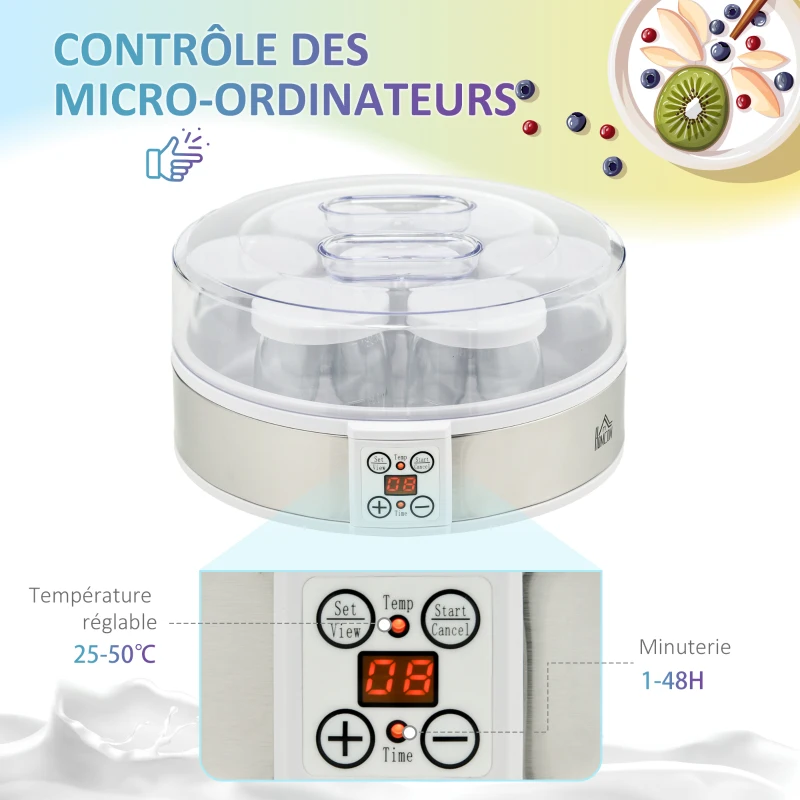 HOMCOM Yaourtière 7 pots de 180ml machine à yaourt électrique en acier inoxydable thermostat réglable 24 x 24 x 13 cm blanc