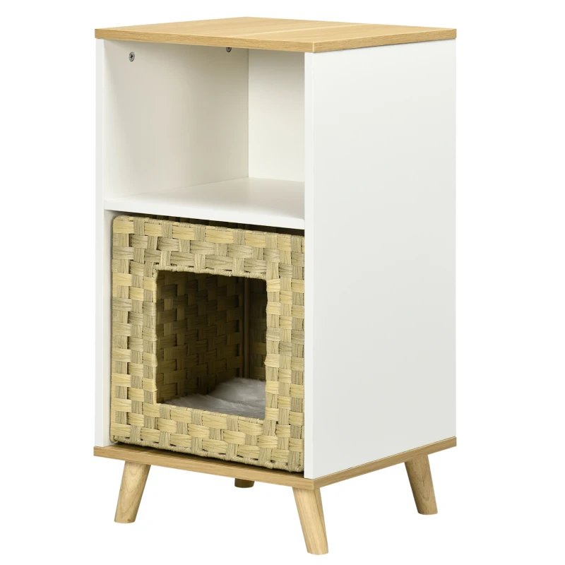 PawHut Katzenhöhle aus Rattan mit Stauraum, inkl. waschbaren Kissen, 40 cm x 40 cm x 77 cm, Eiche + Weiß + Beige