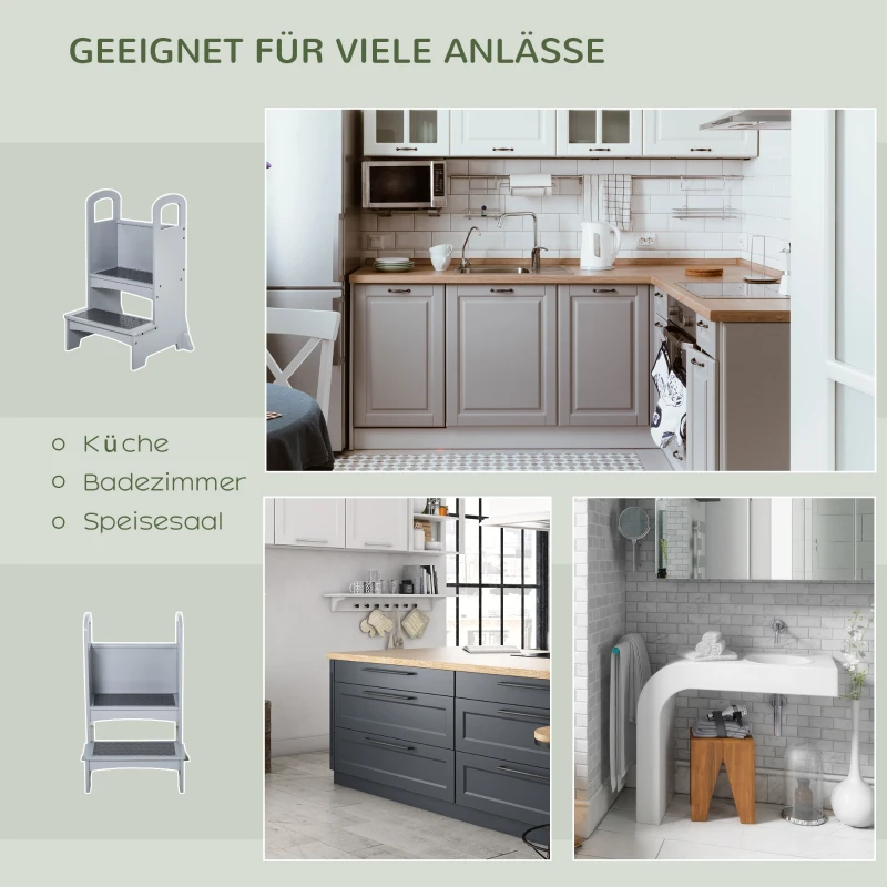 HOMCOM Lernturm Tritthocker für Küche Schemel Stehender für Küchentheke Küchenhelfer mit 2 Stufen mehr Sicherheit Grau für 3-8 Jahre Kiefer 45 x 40 x 80 cm