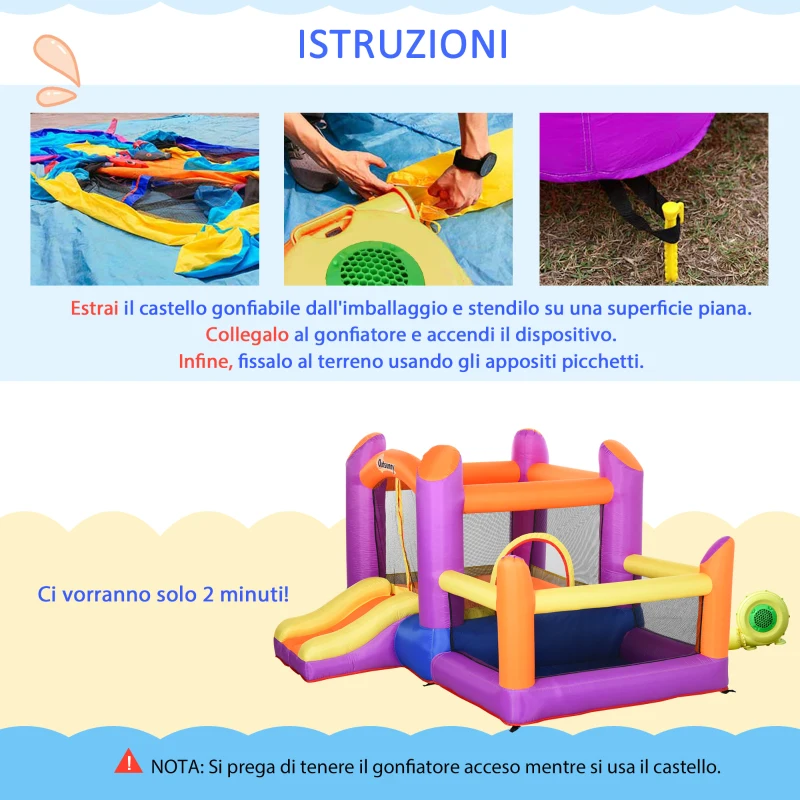 Outsunny Castello Gonfiabile per Bambini da Giardino, Parco Acquatico Gionfiabile con Scivolo, Trampolino e Piscina , Multicolor, 280x 250x170cm