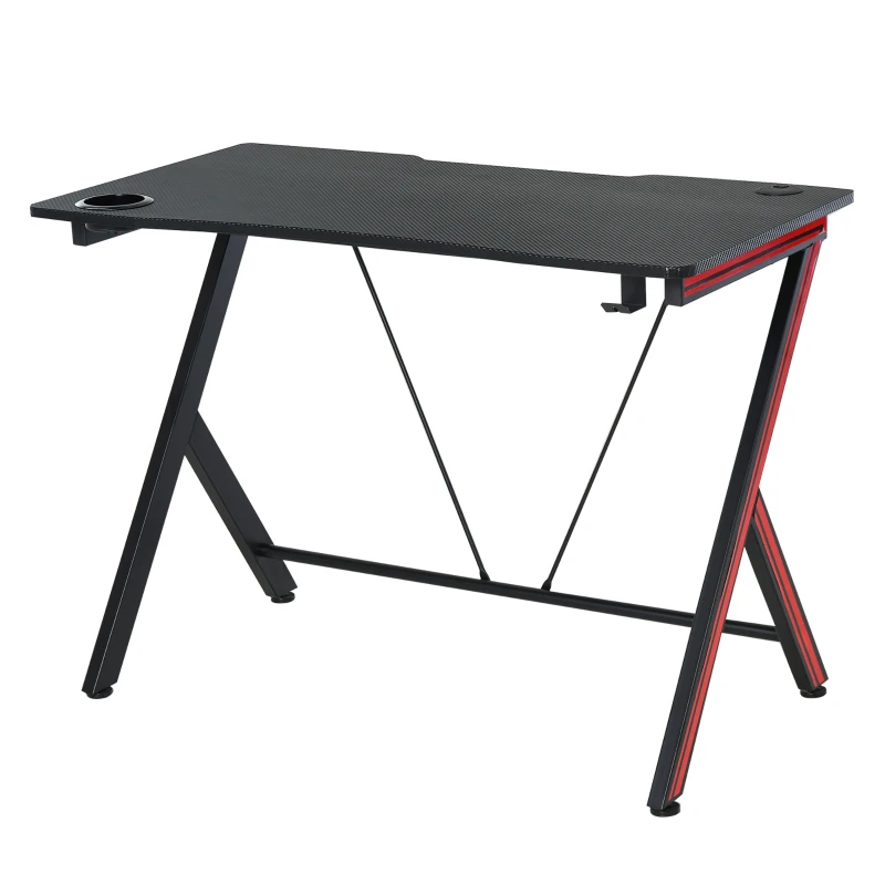 HOMCOM Mesa Gaming 120x60x75 cm Escritorio Ergonómico Gaming Desk para Ordenador PC con Portavasos Gancho para Auriculares y Orificio de Pasacables Efecto de Fibra de Carbono Negro