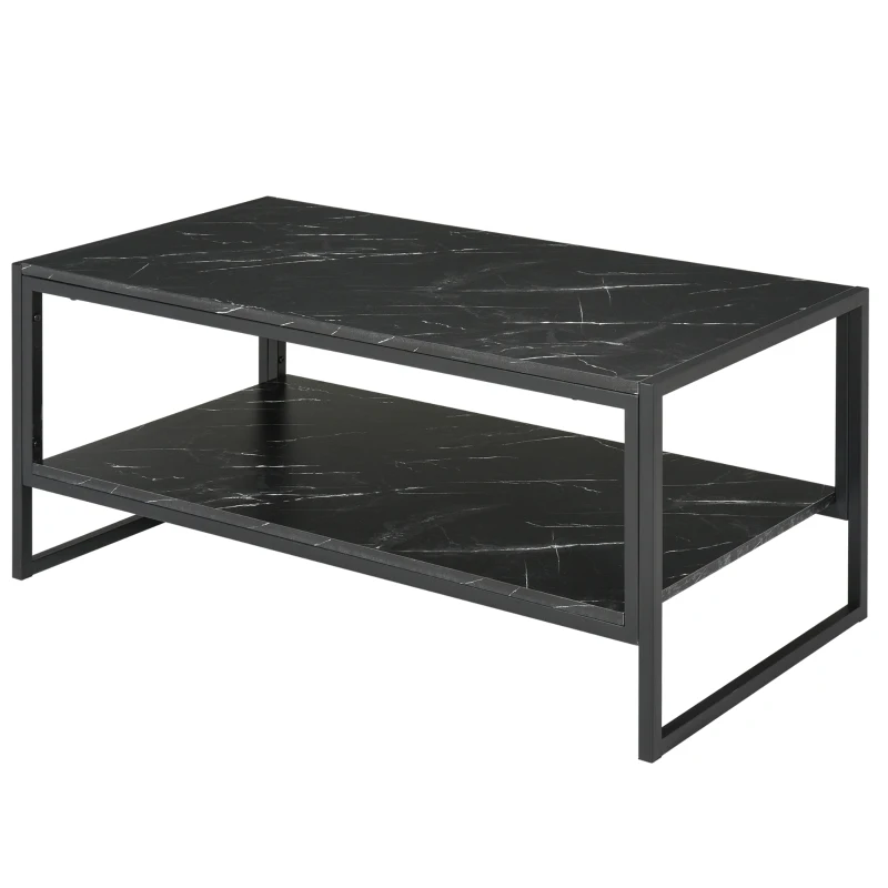 HOMCOM Coffee Table, Two-Tier Faux Marble Effect Centre Table with Metal Frame and Storage Shelf for Living Room, 106 x 50 x 45cm, Black