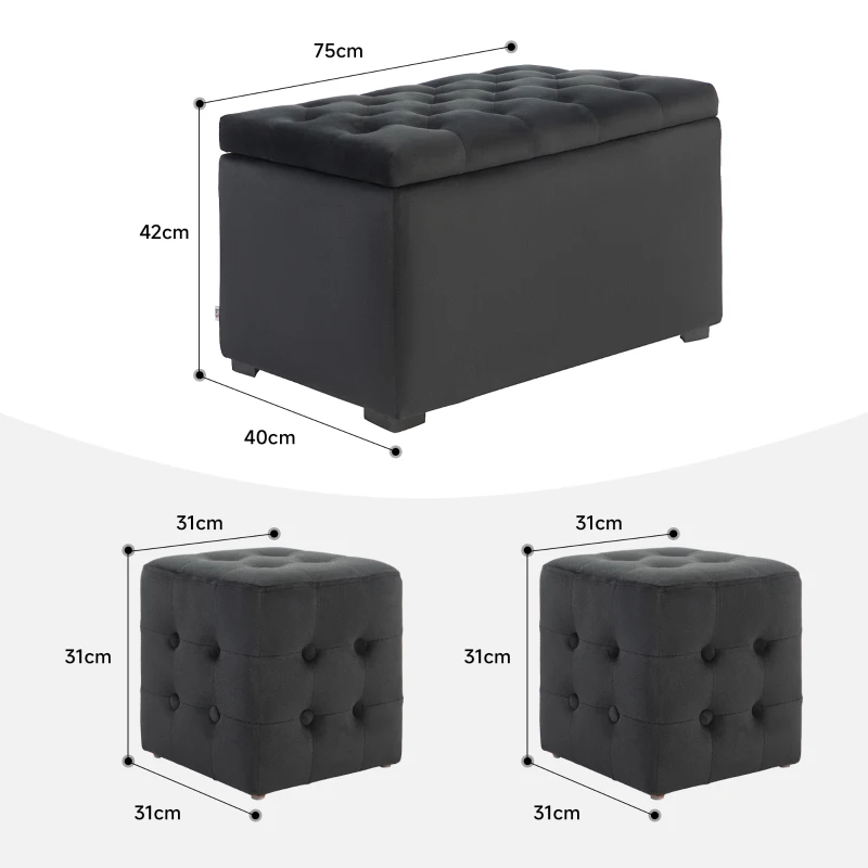 HOMCOM 3-teiliges Möbel-Set mit Stauraum, 2 x Sitzhocker, Polster-Sitztruhe, belastbar bis 130 kg, 75 x 40 x 42 cm, Dunkelgrau