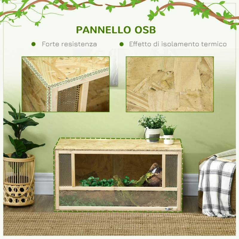 PawHut Terrario per Rettili in Legno con Porte in Vetro Scorrevoli e Pannelli in Rete, 40x80x40 cm