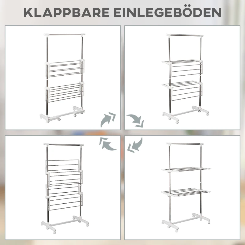 HOMCOM Turmwäscheständer ausziehbar Standtrockner mit 3 Ebenen, klappbare Flügel, Rollen, Wäschetrockner für Innen und Außen, Weiß, 83-136,5 x 45,5 x 154 cm