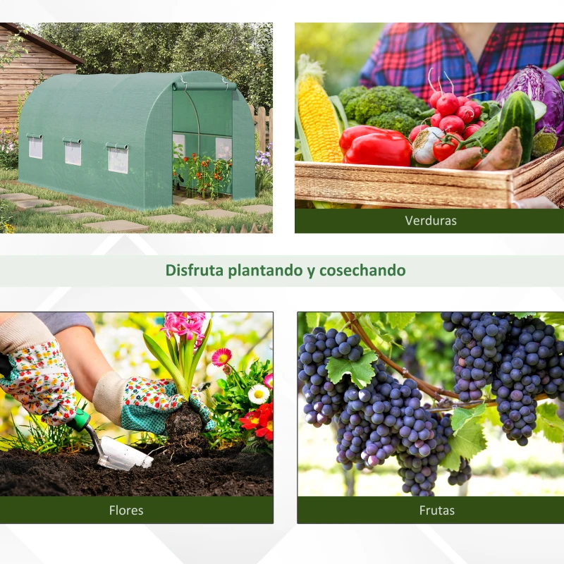 Outsunny Invernadero de  Túnel 445x200x200 cm Invernadero de Jardín con 6 Ventanas y Cubierta de Polietileno PE 140 g/m² Verde