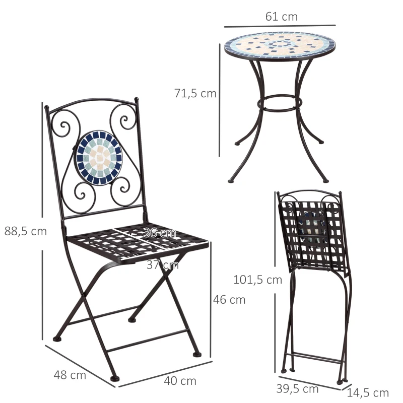 Outsunny Bistro-Set für 2 Personen im Nostalgie-Design, Mosaiksteine, wetterbeständig, Mehrfarbig