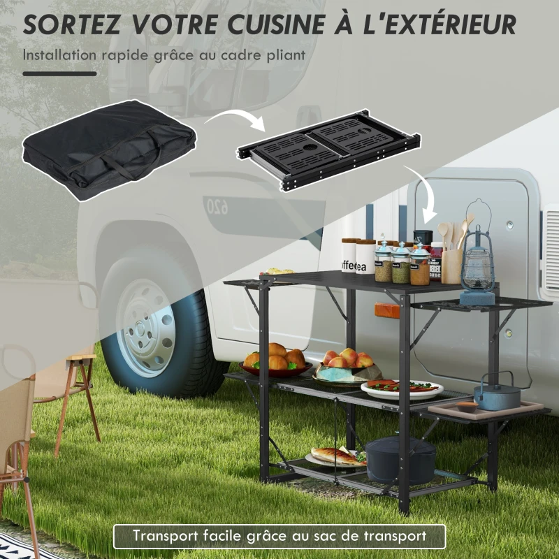 Outsunny Table de cuisine de camping pliante, acier et aluminium, sac de transport, 2 tablettes , 2 étagères et porte-gobelets