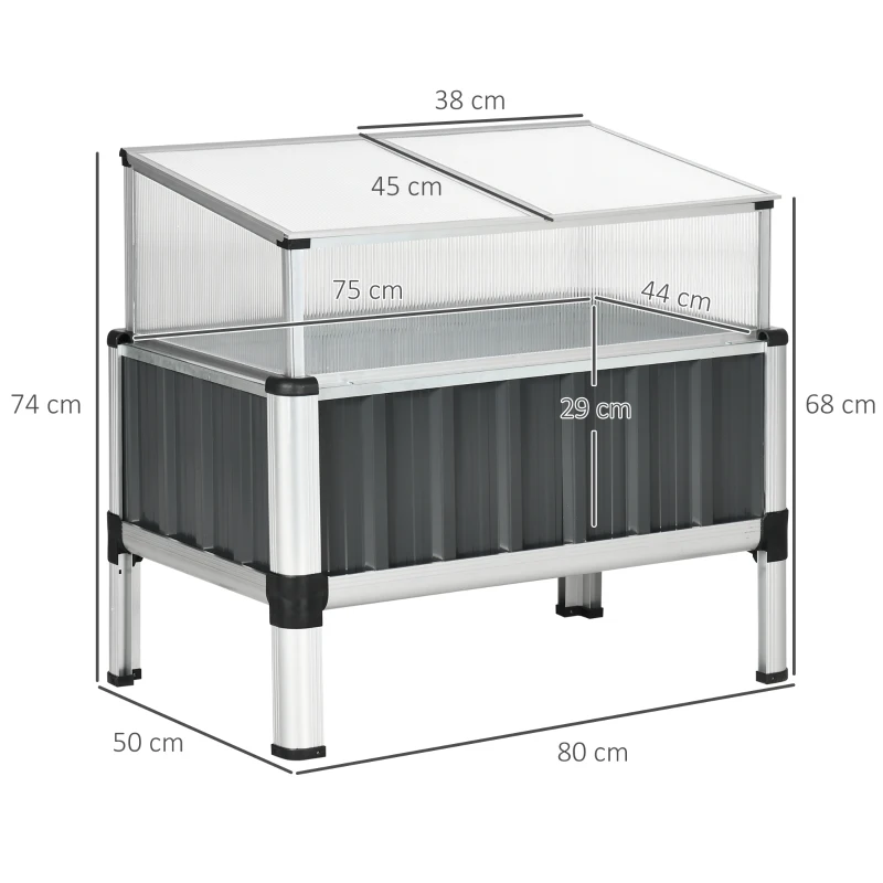 Outsunny Hochbeet mit Aufsatz, Mini-Gewächshaus, wetterbeständig, 80 cm x 50 cm x 74 cm, Silber + Transparent