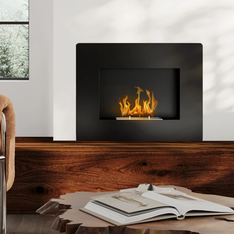 HOMCOM Chimenea de Bioetanol de Pared con Tanque de 0,9 L Tiempo de Combustión 3,3H para Interiores 15-20 m² 66x16x52 cm Negro