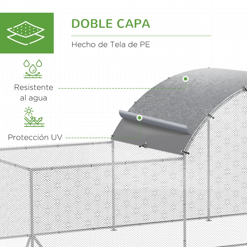 PawHut Gallinero de Exterior 6,6x2x2m Jaula para 12-14 Gallinas de Acero Galvanizado con Cubierta de PE Anti-UV e Impermeable Plata