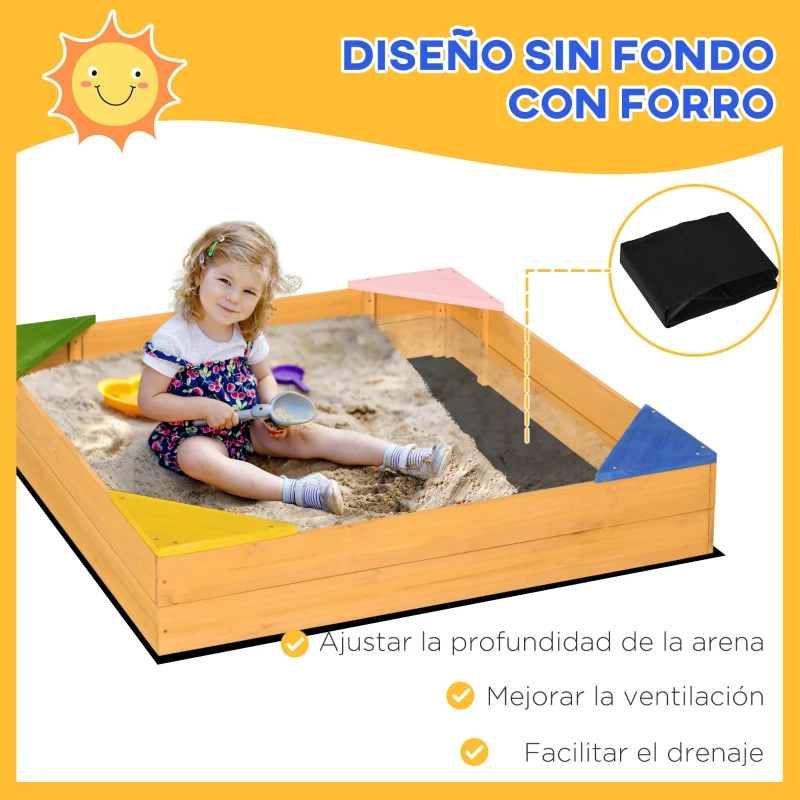 Outsunny Arenero Infantil de Madera para Niños de 3-8 Años con Tela no Tejida y 4 Asientos para Jardín 109x109x19,8 cm Natural