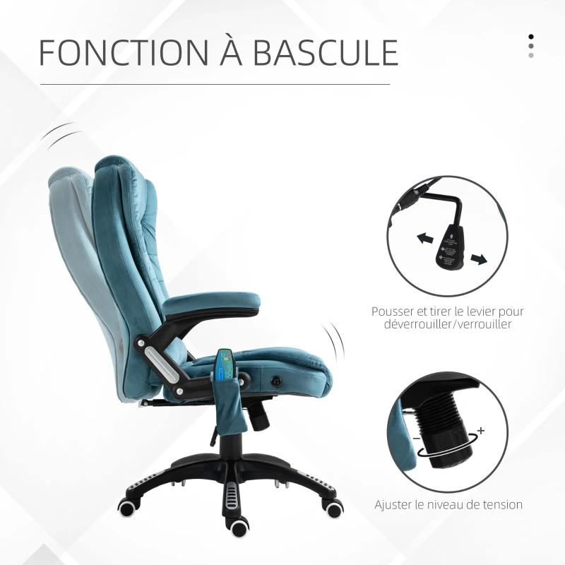 Vinsetto Fauteuil de bureau massant et chauffant, chaise de bureau, chaise ergonomique avec hauteur réglable, dossier inclinable et télécommande filaire, pivotant à 360° tissu en polyester bleu