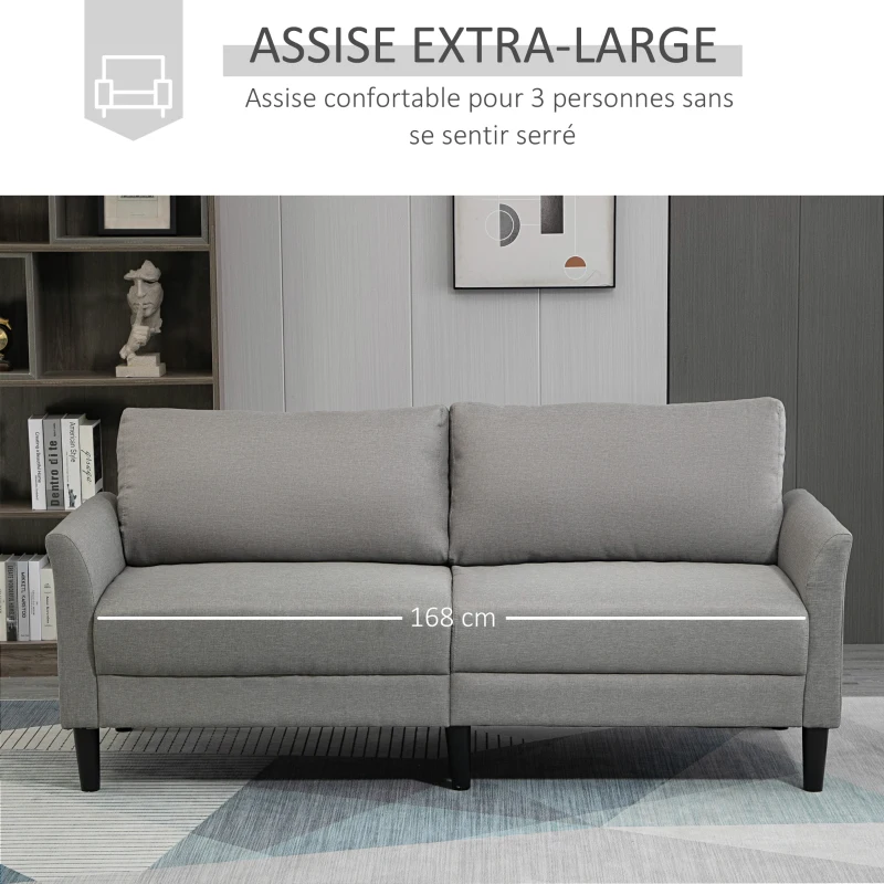 HOMCOM Canapé 3 Places Style Contemporain assises Larges Profondes accoudoirs courbés piètement effilé Bois hévéa Noir Polyester Gris Clair