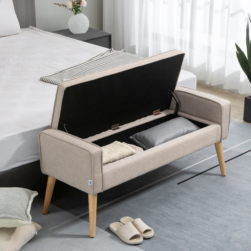 HOMCOM Baúl de Almacenaje Tapizado en Lino con Tapa Abatible y Patas de Madera para Dormitorio Salón 20x45x54 cm Beige