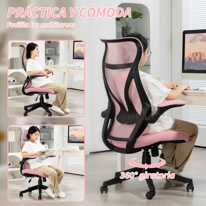 HOMCOM Silla de Oficina Giratoria con Altura Ajustable Reposabrazos Abatibles y Función de Basculante Carga 120 kg Rosa