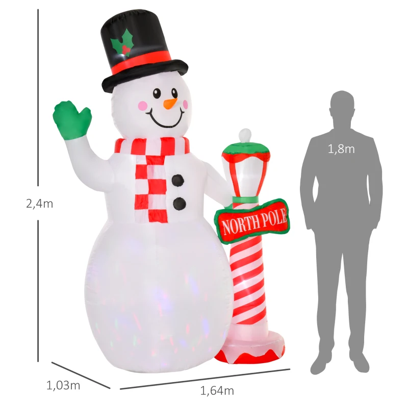 HOMCOM Weihnachtsdeko, aufblasbarer Schneemann, 2,4 m, LED-Beleuchtung, Gebläse, Weiß
