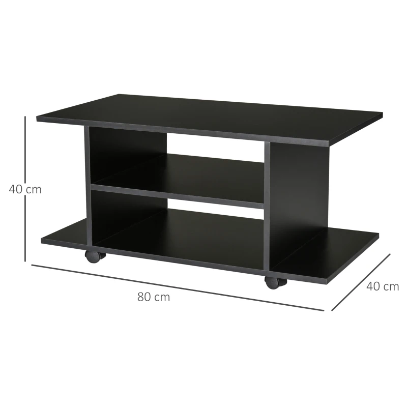 HOMCOM Meuble TV avec roulettes pivotantes, banc TV en bois avec étagères, support télé pour télévision jusqu'à 42 pouces, style contemporain pour salon chambre et bureau, 80 x 40 x 40 cm, noir