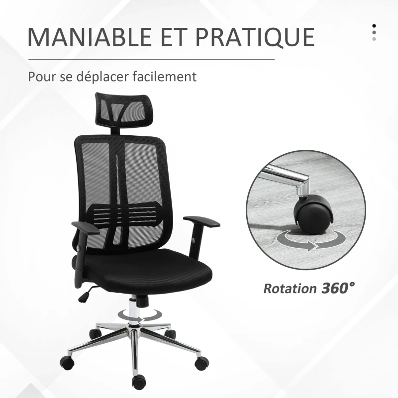 Vinsetto Chaise de Bureau Ergonomique Fauteuil de Bureau Grand Confort hauteur réglable Tissu Maille Polyester Noir