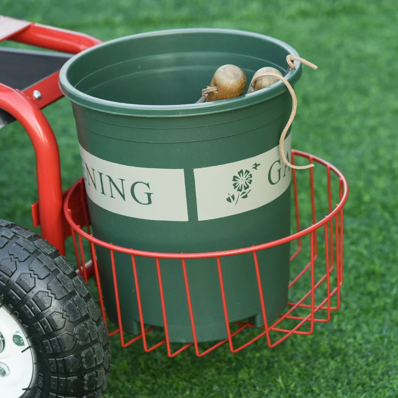 Outsunny 2 en 1 Tabouret pivotant Chariot Mobile de Jardin Charge Max. 150 Kg Rouge et Noir