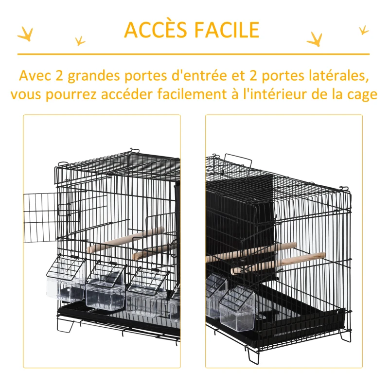 PawHut Cage à oiseaux dim. 59,5L x 26,5I x 39,5H cm mangeoires perchoirs 4 portes plateau excrément amovible + poignée transport métal PP noir