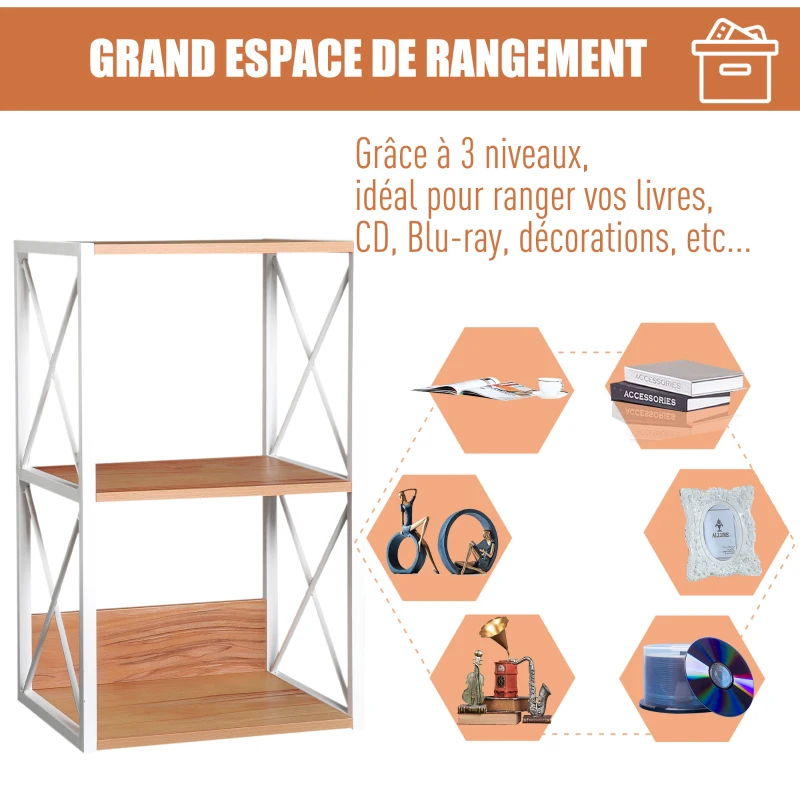 HOMCOM Étagère bibliothèque style industriel contemporain 3 niveaux 40L x 35l x 72H cm métal blanc panneaux particules coloris hêtre
