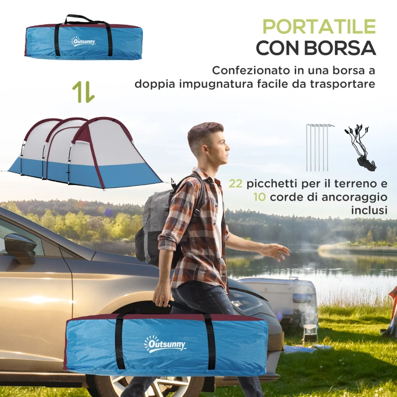 Outsunny Tenda da Campeggio Impermeabile con 2 Aree e 3 Ingressi, in Poliestere e Fibra di Vetro, 420x200x150 cm, Rosso