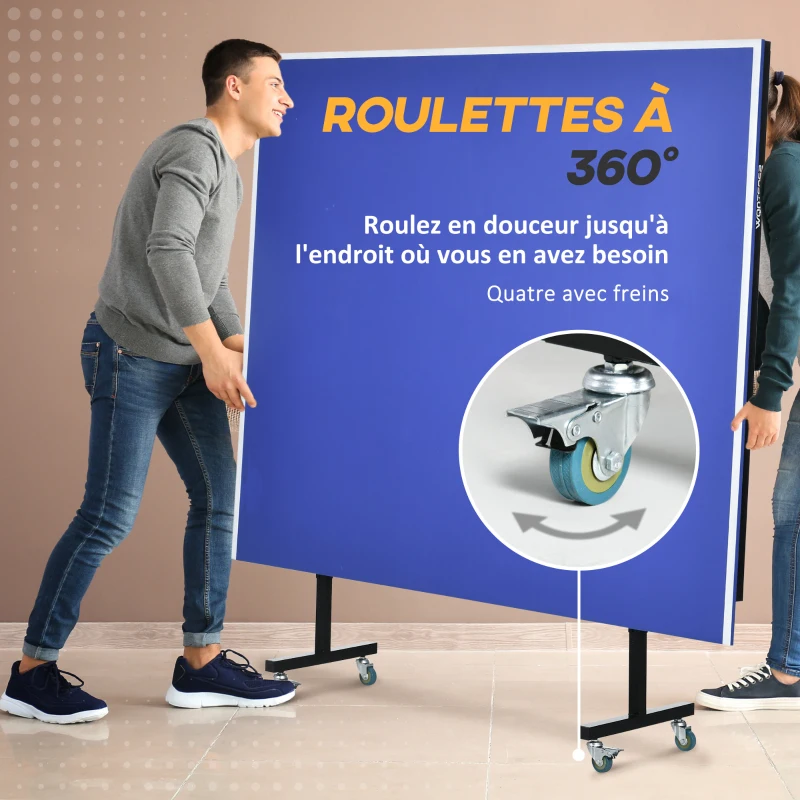 SPORTNOW Table de tennis de table pliable compacte avec 8 roulettes pour intérieur et extérieur 274 x 152,5 x 76 cm bleu