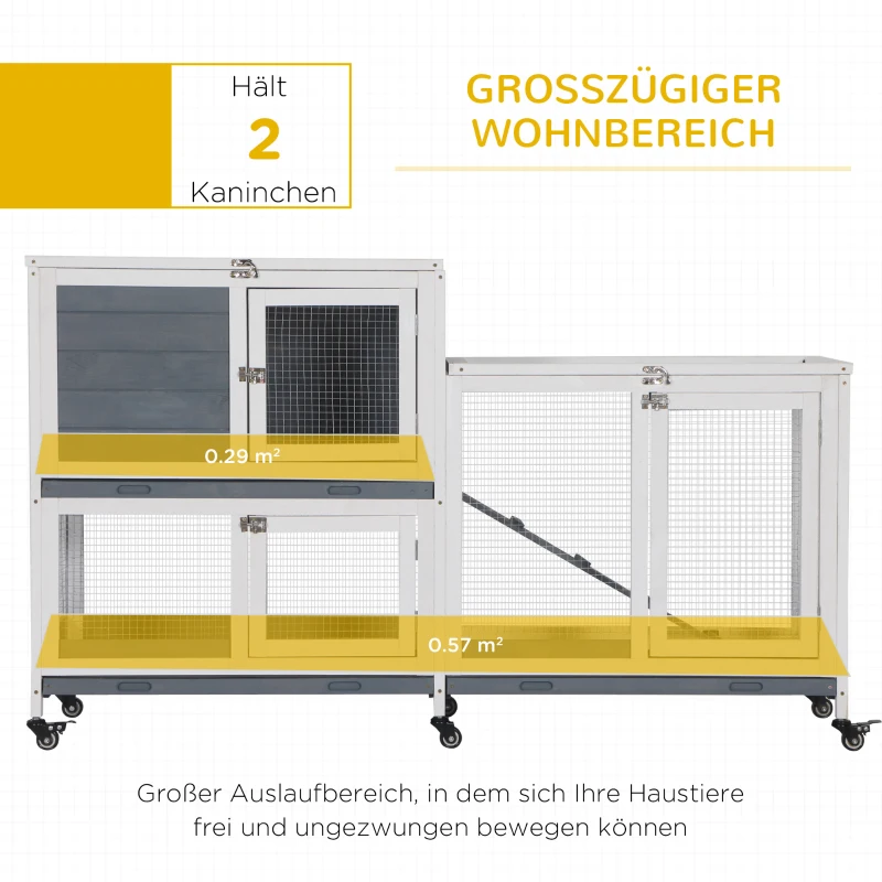PawHut Kleintierstall Kleintierkäfig Zwergkaninchenstall mit 6 Rädern aufklappbarem Dach abschließbarer Tür Tannenholz Grau+Weiß 147 x 45,5 x 88,5 cm