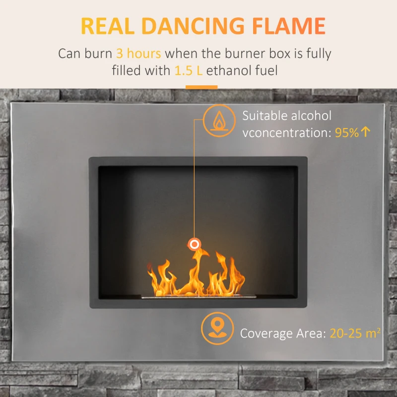 HOMCOM Wall Mounted Ethanol Fireplace, Stainless Steel Bioethanol Heater Stove Fire with 1.2L Tank, 3 Hour Burning Time, 78 x 54 cm, Silver