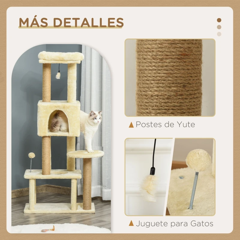 PawHut Árbol Rascador para Gatos Grande 60x34x136 cm Árbol para Gatos con Plataformas Cuevas de Felpa Postes de Yute Beige