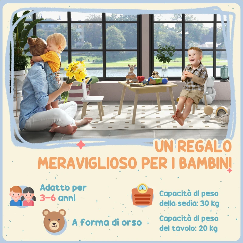 AIYAPLAY Set Tavolo 3 in 1 e 2 Sedie per Bambini con Schienale a Orsetto, Età 3-6 Anni, Colore Legno