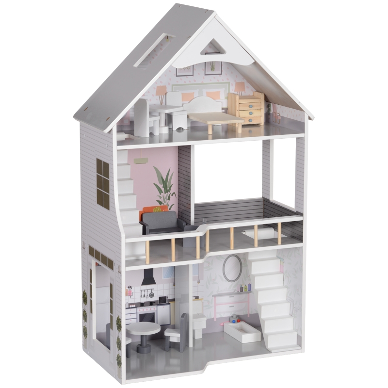 AIYAPLAY Casa De Muñecas De Madera Con Muebles Y Accesorios – 2 Pisos Con Balcón, Juguete Educativo Para Niños De 3 Años En Adelante, Multicolor