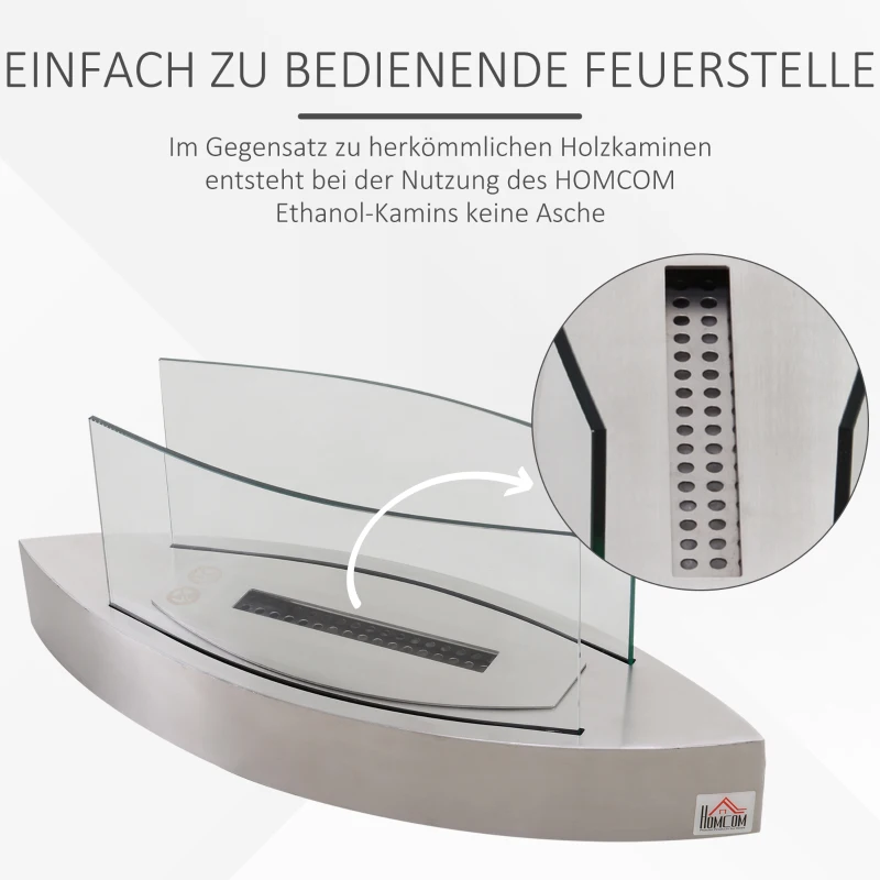 HOMCOM Ethanolkamin, Tischkamin, 2 Stunden Brenndauer, 0,6L, Edelstahl, 60 x 20 x 24 cm, Silber