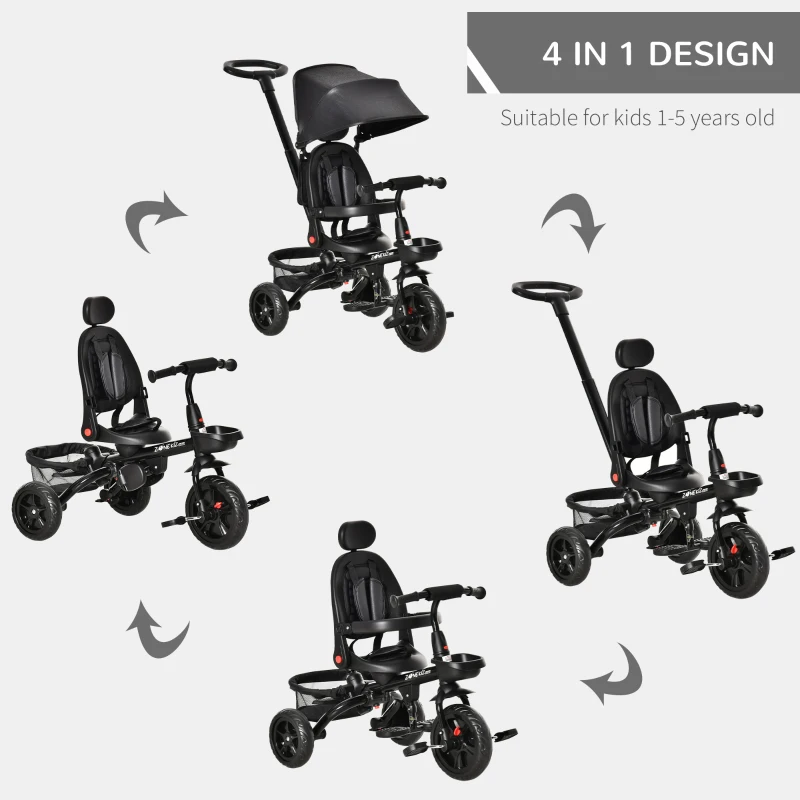 HOMCOM 4 in 1 Kids Trike Toddler Foldable Pedal Tricycle w/ Reversible Angle Adjustable Seat Removable Handle Canopy Belt Brake for 1-5 Years - Black