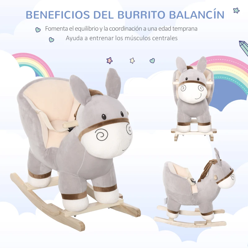 HOMCOM Caballito Balancín Infantil en Forma de Burro de Felpa para Bebés 18-36 Meses con Sonido y Cinturón 61x34x58 cm Gris