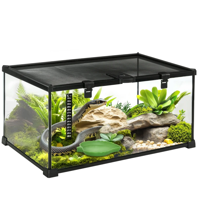 PawHut Reptilienbox Terrarium, inkl. Streifenthermometer, Fütterungsklappen, 50 cm x 30 cm x 25 cm, Glas + Metall, Schwarz