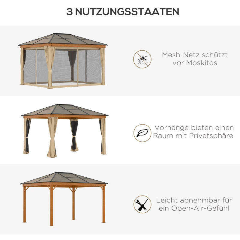 Outsunny Pavillon, Dach aus Polycarbonat, 4 Seitenwände und Fliegennetze, Stahlrahmen, khaki, 3 x 3,60 x 2,70 m