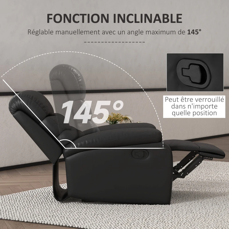 HOMCOM Fauteuil relax inclinable 145° manuellement avec repose-pieds intégré, revêtement synthétique, noir
