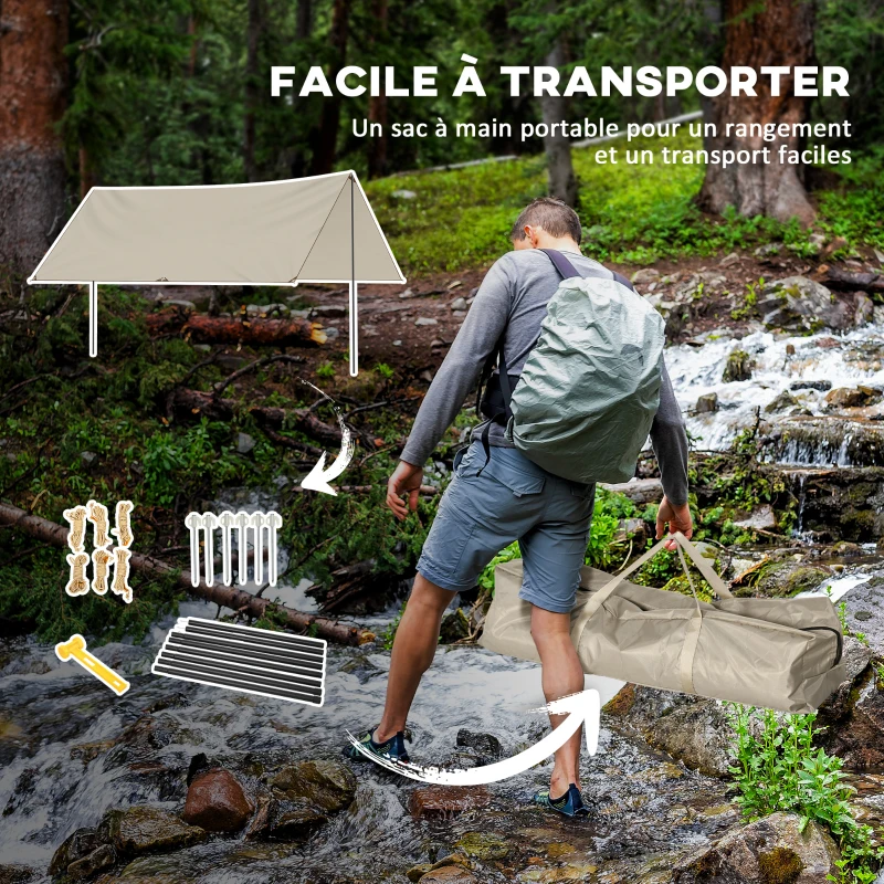 Outsunny Tente tarp de camping bâche 4 x 3 m protection solaire avec 2 mâts et sac de transport multifonction kaki