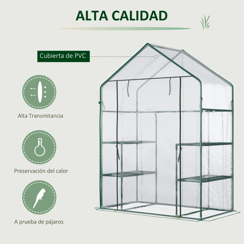 Outsunny Invernadero de Jardín con 4 Estantes 1 Puerta con Cremallera para Cultivo de Plantas Flores 142x73x195 cm Verde