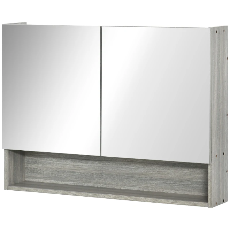 kleankin Spiegelschrank Badschrank mit zwei Türen und Ablage wasserfest Grau 80 x 15 x 60cm