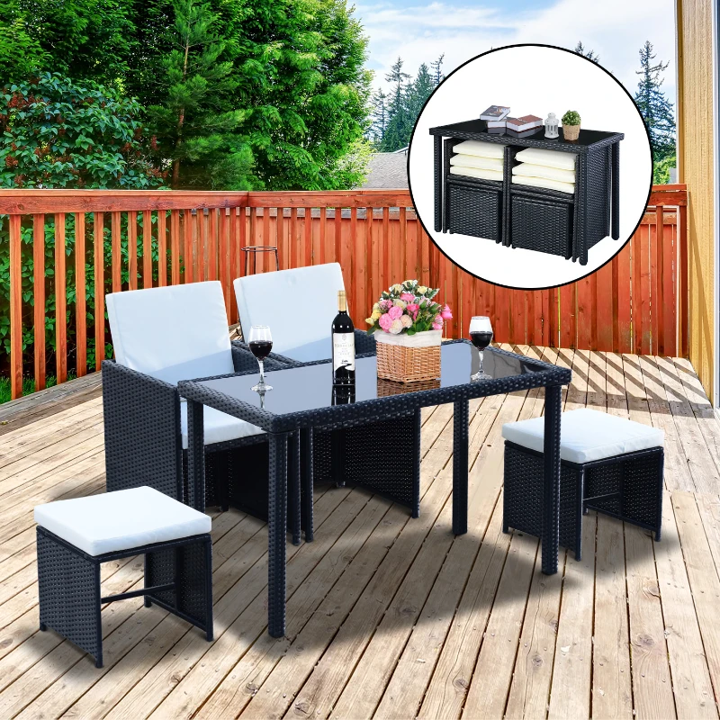 Outsunny 2 Seater Rattan Cube Garden Furniture Set, Rattan Dining Set with Cushions, Outdoor Dining Table and Chairs with 2 Armchairs, 2 Stools, Rectangular Glass Top Table for Patio, Balcony, Black
